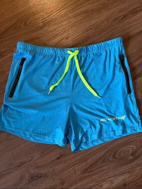 Jed North Bright Blue Athletic Shorts with Neon Yellow Drawstring, Size Medium